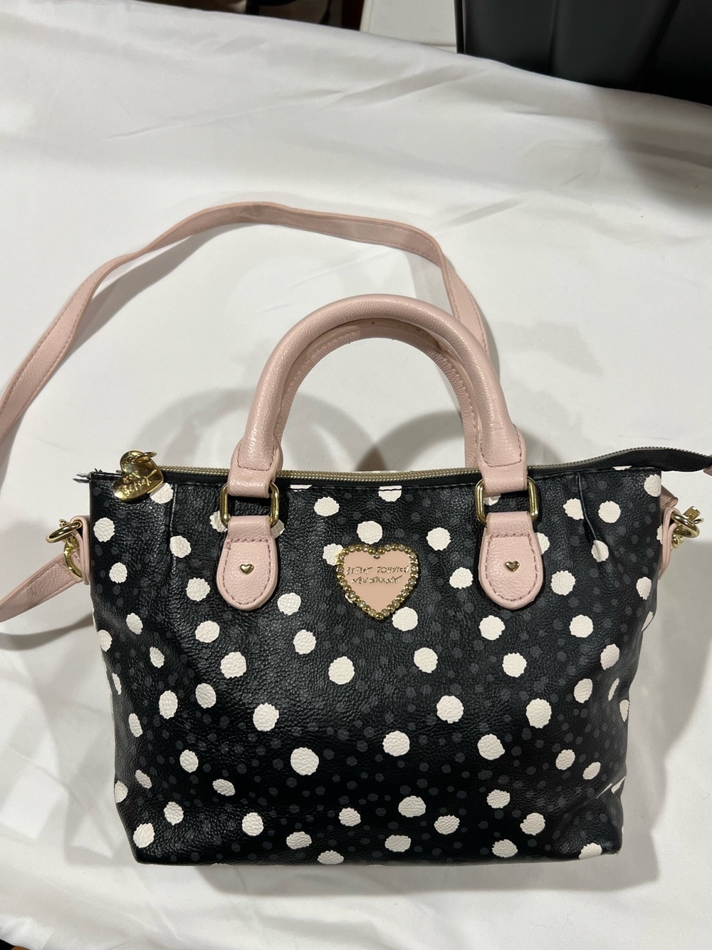 Betsey Johnson Black Polka Dot purse with Pale Pink Handles